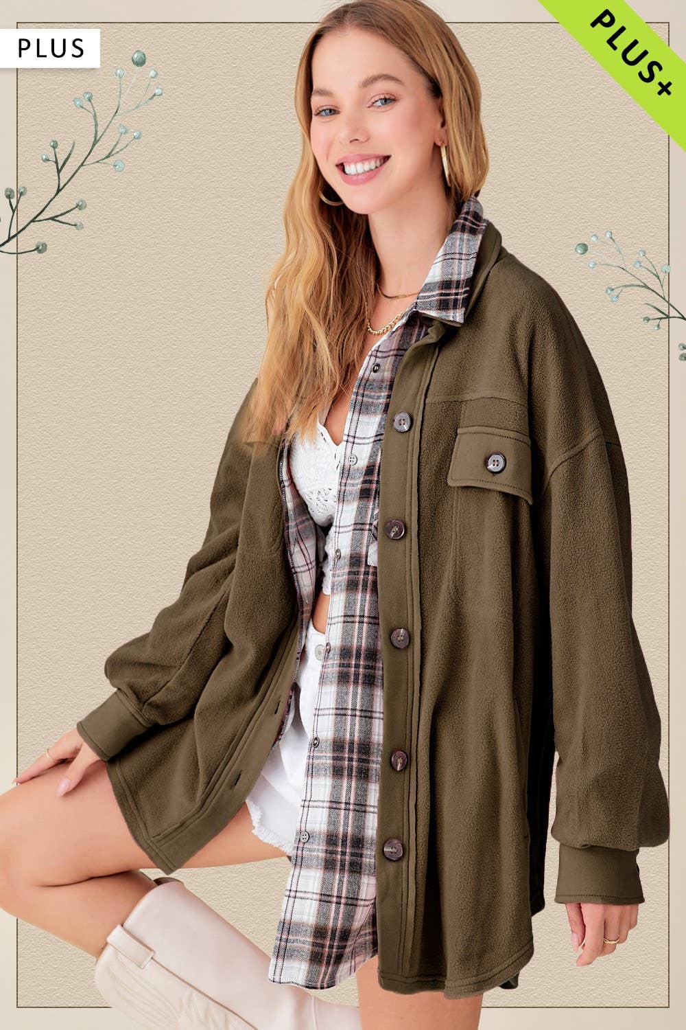 Plus Size Loose Fit Button Down Fleece Shacket