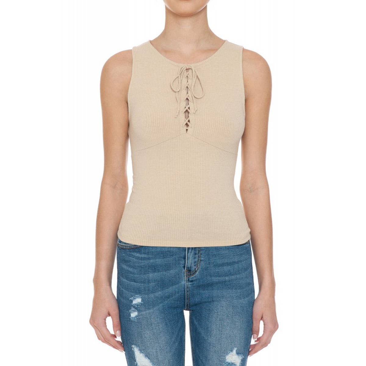 Ribbed Round Neck Lace Up