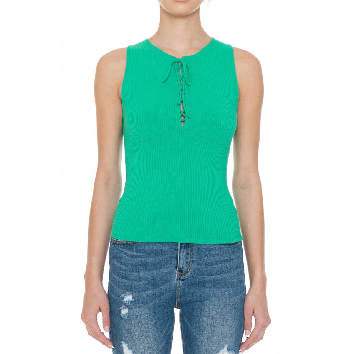 Ribbed Round Neck Lace Up