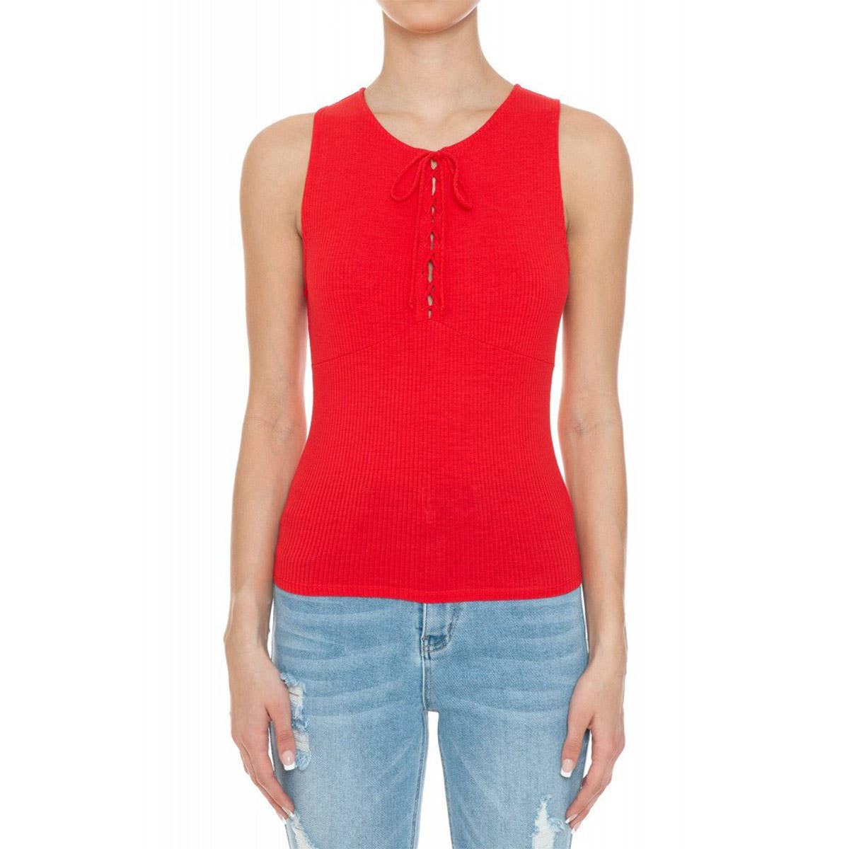 Ribbed Round Neck Lace Up