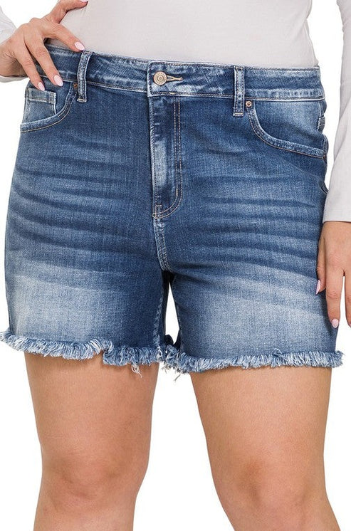 Plus Mid Rise Raw Frayed Hem Denim Shorts