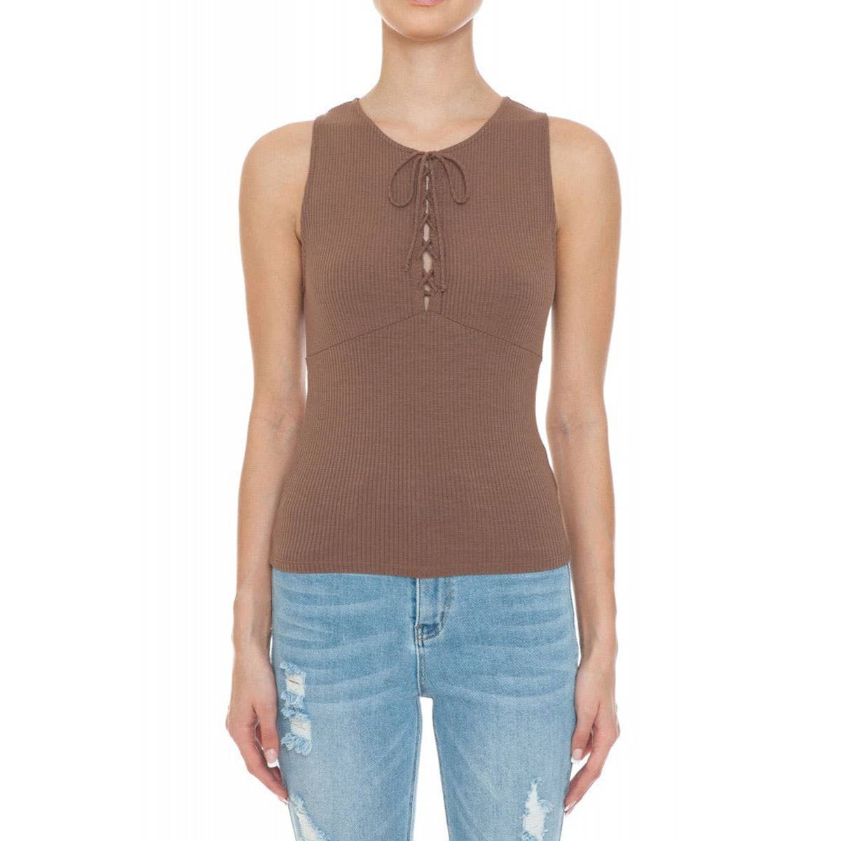 Ribbed Round Neck Lace Up