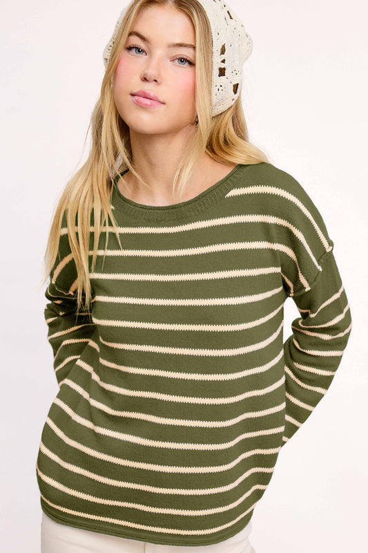 Striped Round Neck Loose Fit Long Sleeve Sweater