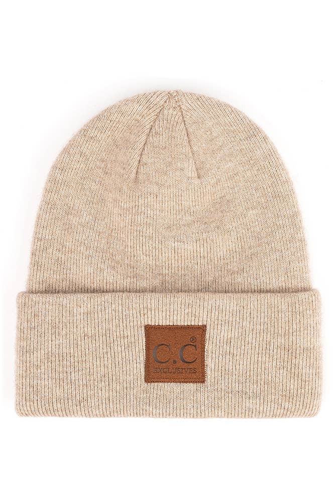 Hana - C.C Heather Knit Suede Patch Beanie Winter Hat