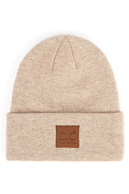 Hana - C.C Heather Knit Suede Patch Beanie Winter Hat