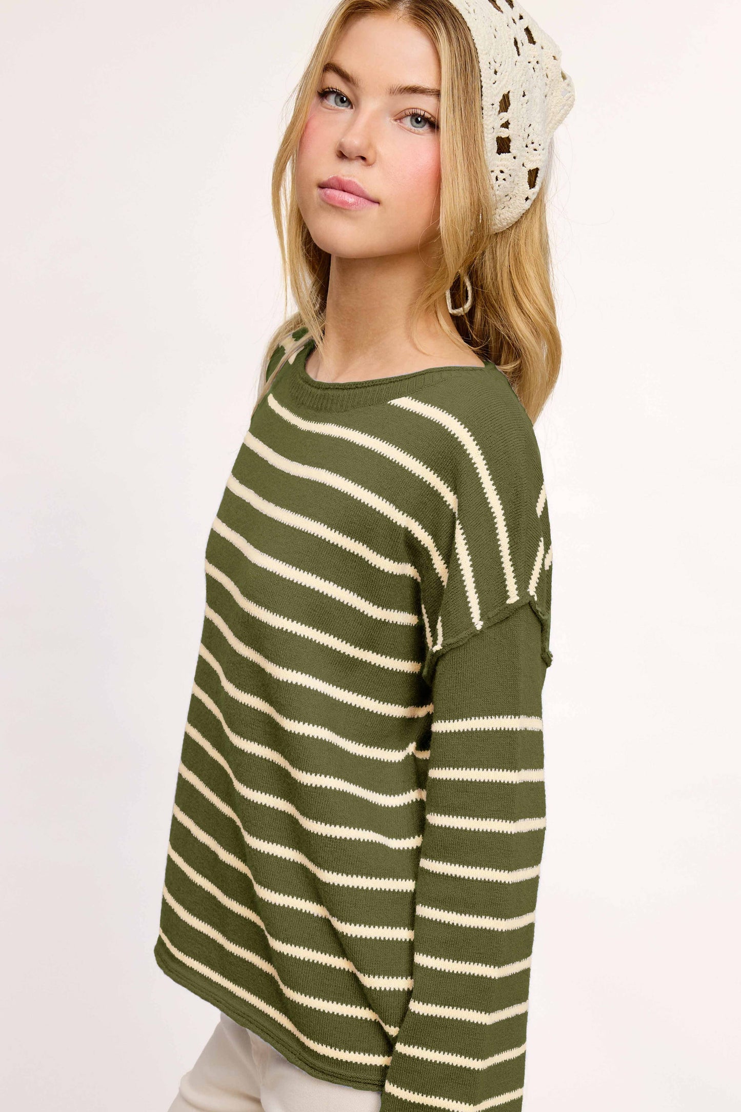 Striped Round Neck Loose Fit Long Sleeve Sweater