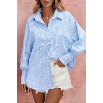 Smocked Cuffed Boyfriend Shirt