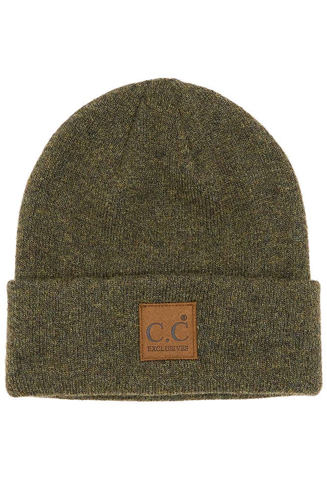 Hana - C.C Heather Knit Suede Patch Beanie Winter Hat