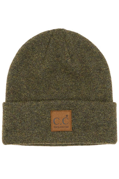 Hana - C.C Heather Knit Suede Patch Beanie Winter Hat