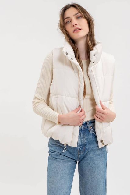 Asymmetrical Zip Up High Neck Vest Cream