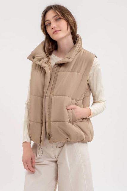 Asymmetrical Zip Up High Neck Vest Camel