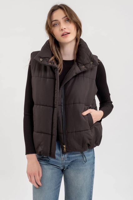 Asymmetrical Zip Up High Neck Vest Black