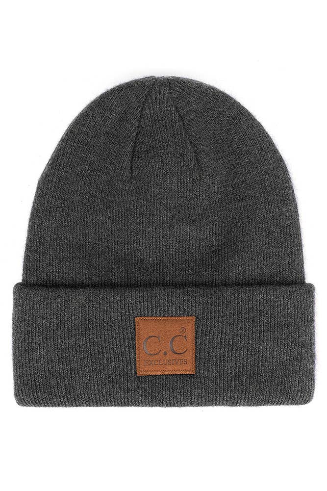 Hana - C.C Heather Knit Suede Patch Beanie Winter Hat