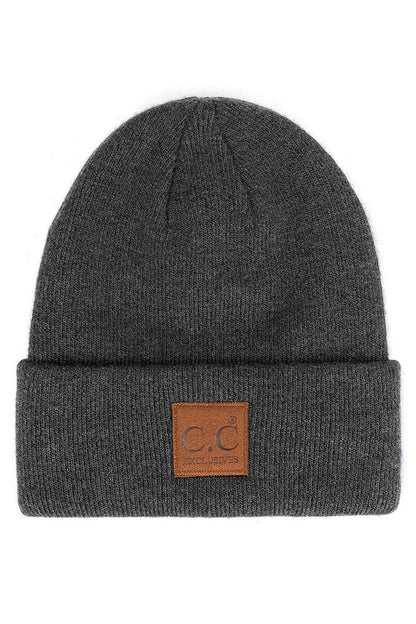 Hana - C.C Heather Knit Suede Patch Beanie Winter Hat