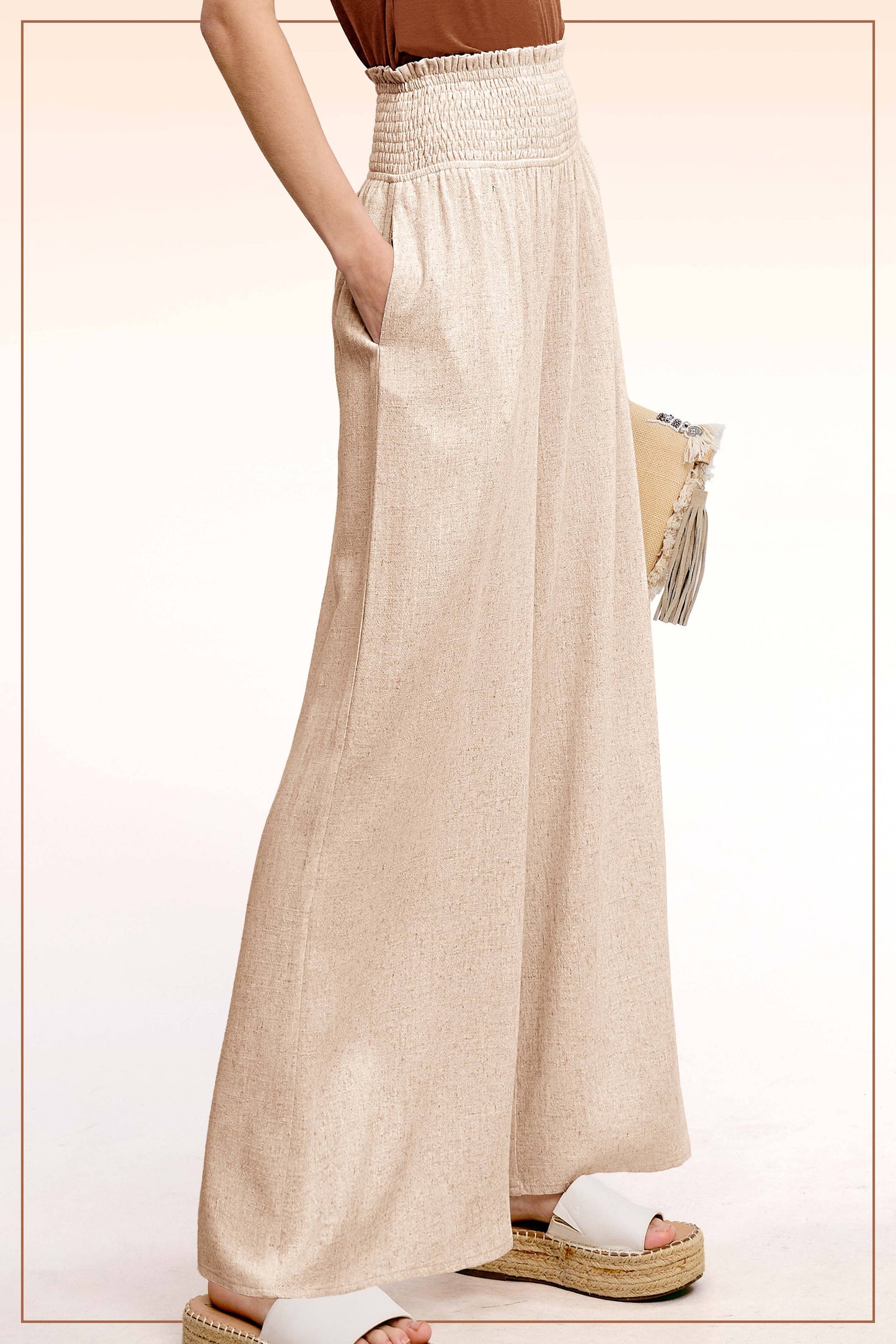 Smocked Waist High Waist Pants with Side Pockets