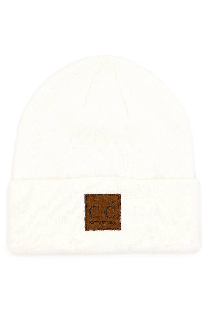 Hana - C.C Heather Knit Suede Patch Beanie Winter Hat