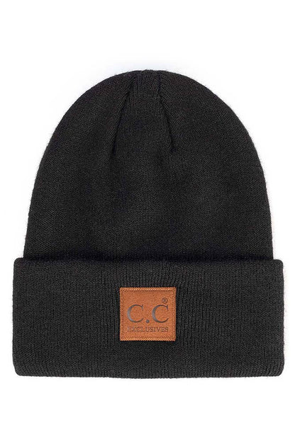 Hana - C.C Heather Knit Suede Patch Beanie Winter Hat