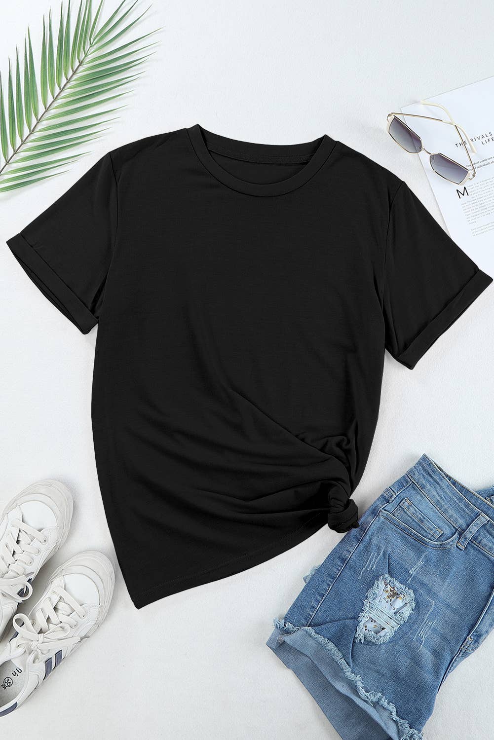 Casual Solid Plain Crew Neck Tee