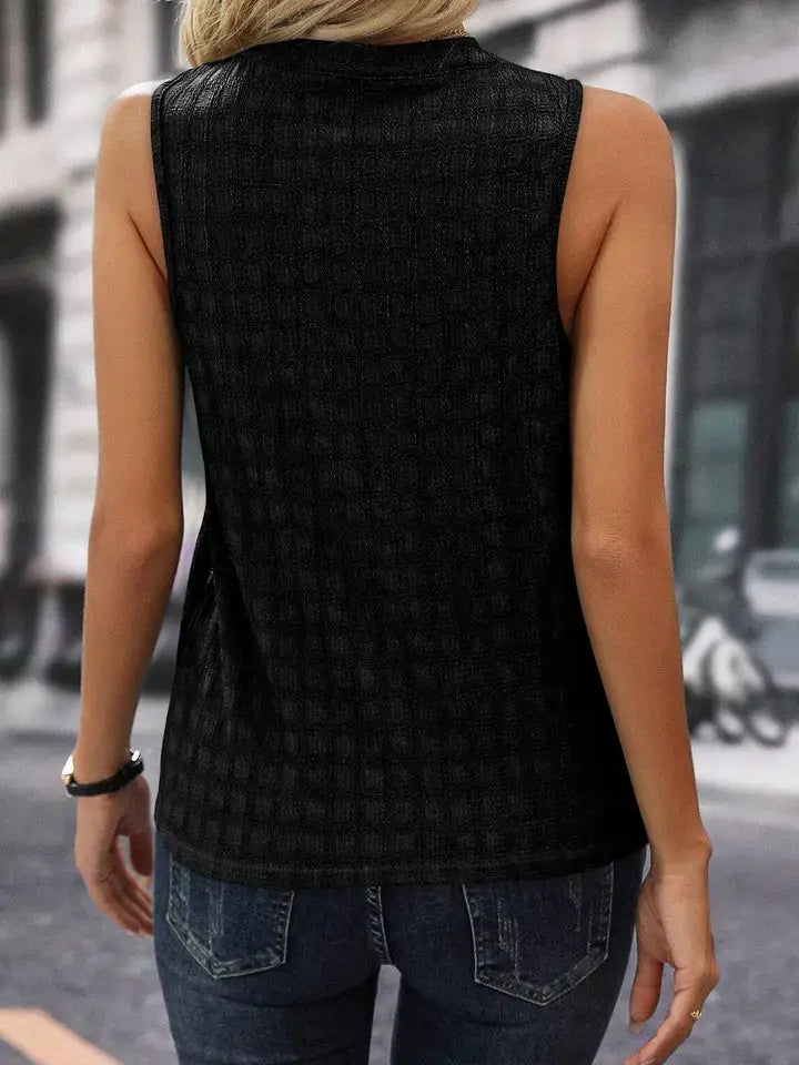Lattice-Textured Split Neck Sleeveless Top
