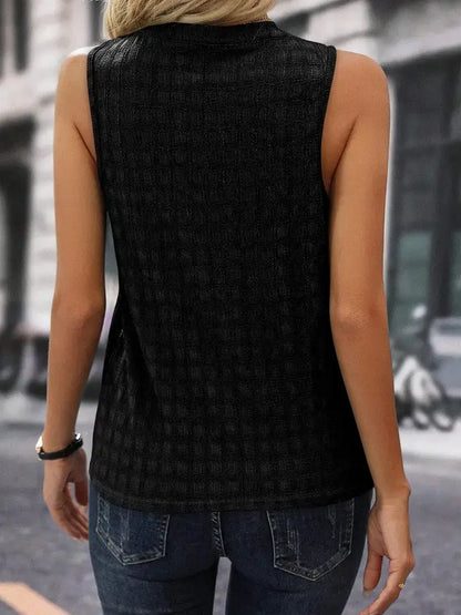 Lattice-Textured Split Neck Sleeveless Top
