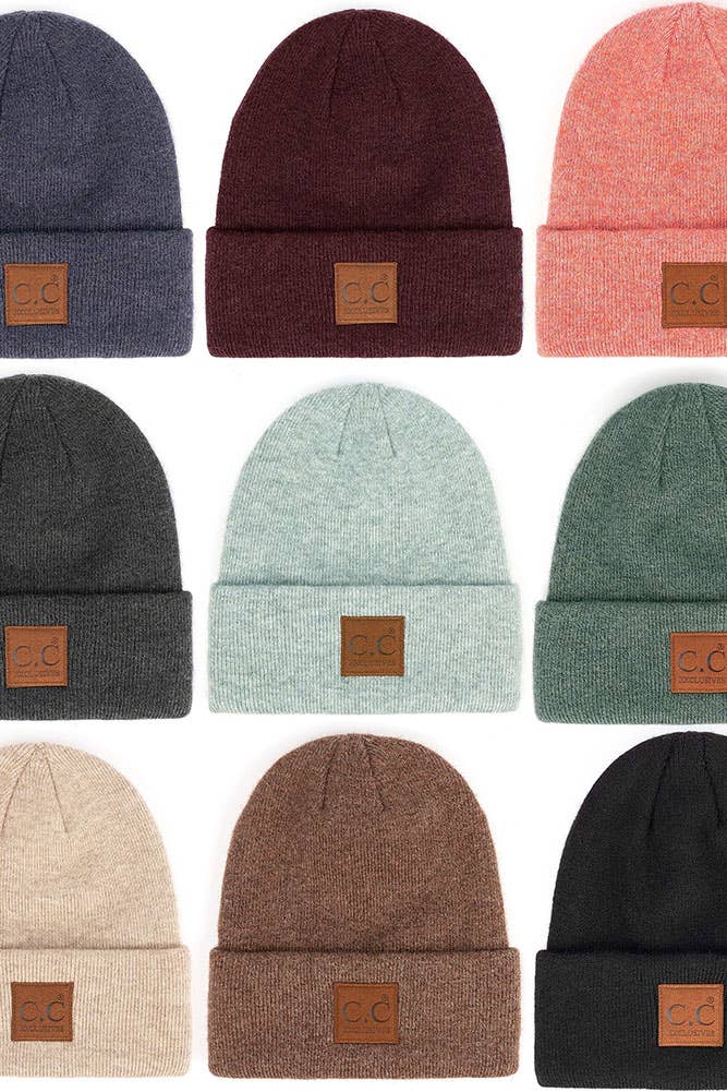 Hana - C.C Heather Knit Suede Patch Beanie Winter Hat