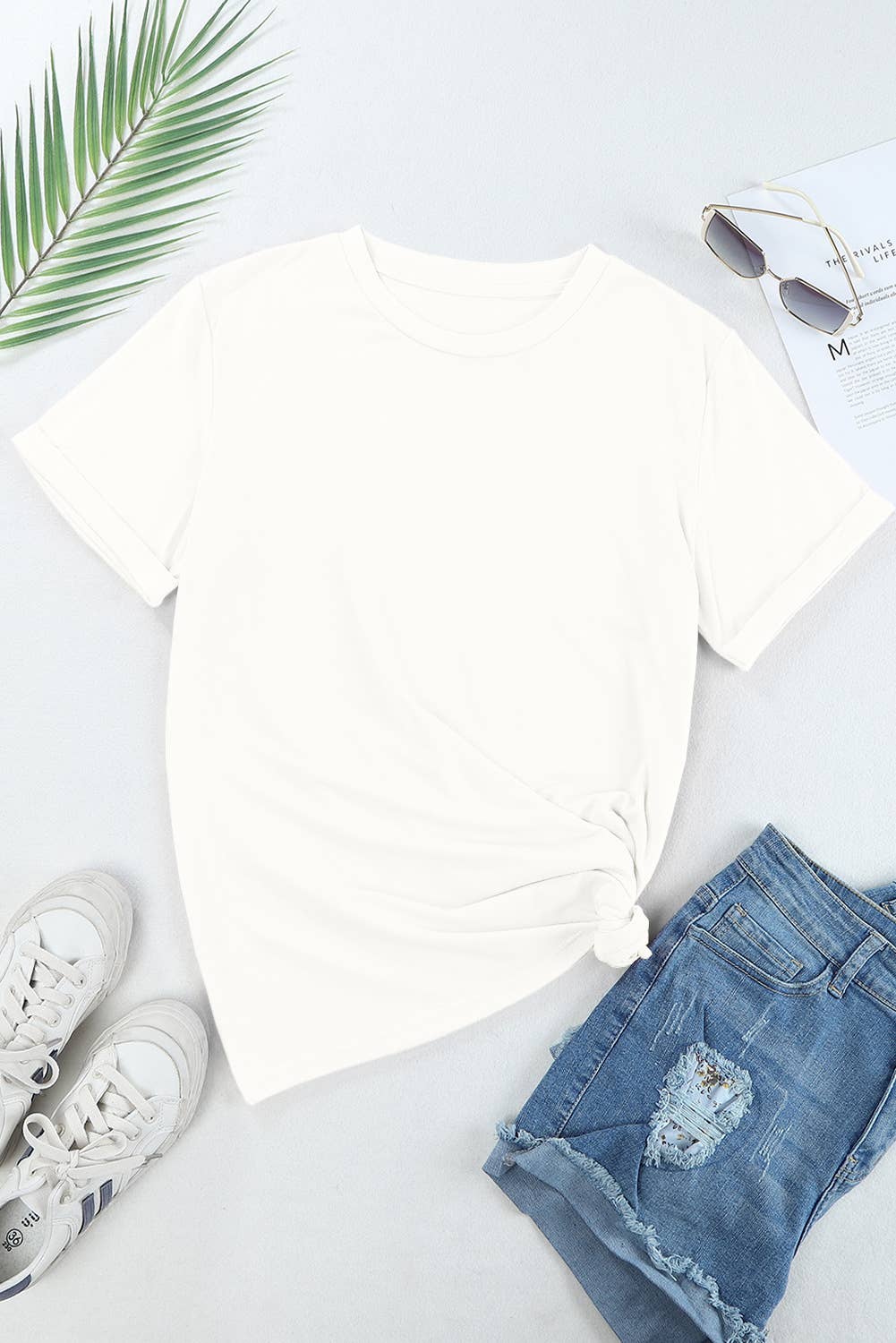 Casual Solid Plain Crew Neck Tee