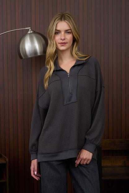 The Jesse - Half Zip Collared Waffle Knit Top